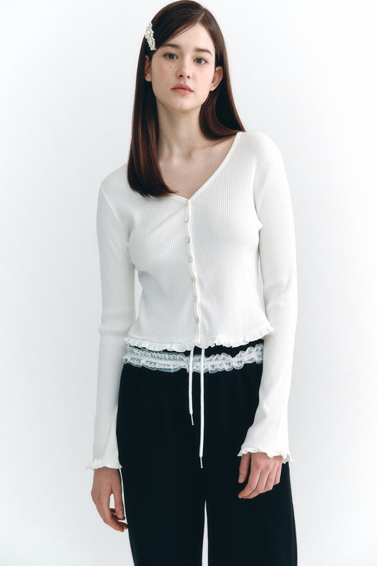 [MOILLY] SS 25 V-Neck Frill Cardigan Ivory