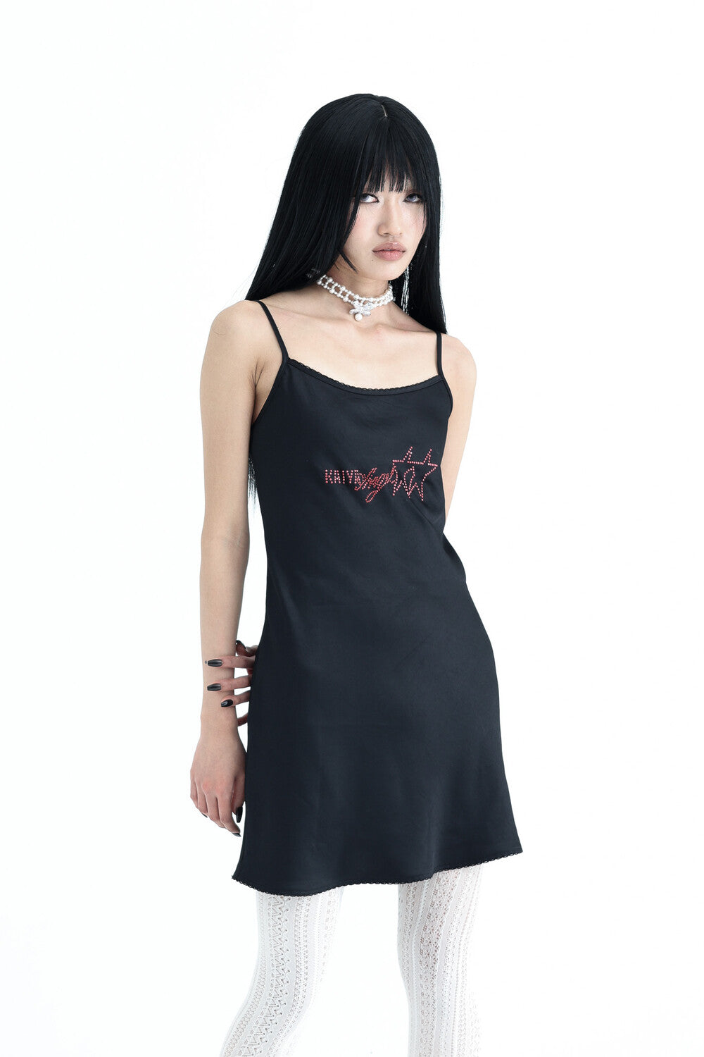 kaiya-ss-25-satin-crystal-logo-dress-black